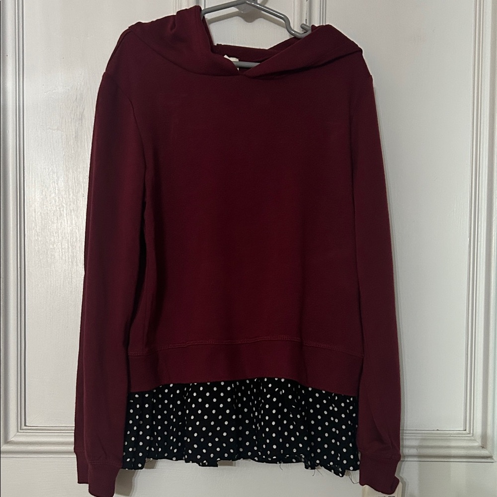 Burgundy Hooded Shirt with Polka Dot Hem